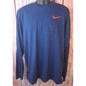 Nike Mens Dri-Fit Long-Sleeve Tee Shirt Large Blue With Red Swoosh Logo & Pocket